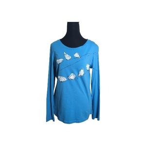 Sahalie Medium Blue Long Sleeve Birds On A Wire Tee Shirt Novelty Whimsy Casual